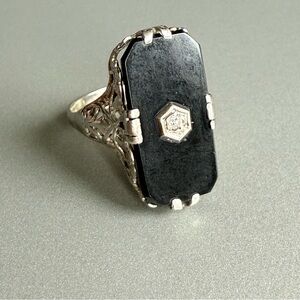 Art Deco 1920's 14k White Gold Onyx Diamond Cocktail Pinky Ring Size 3.5